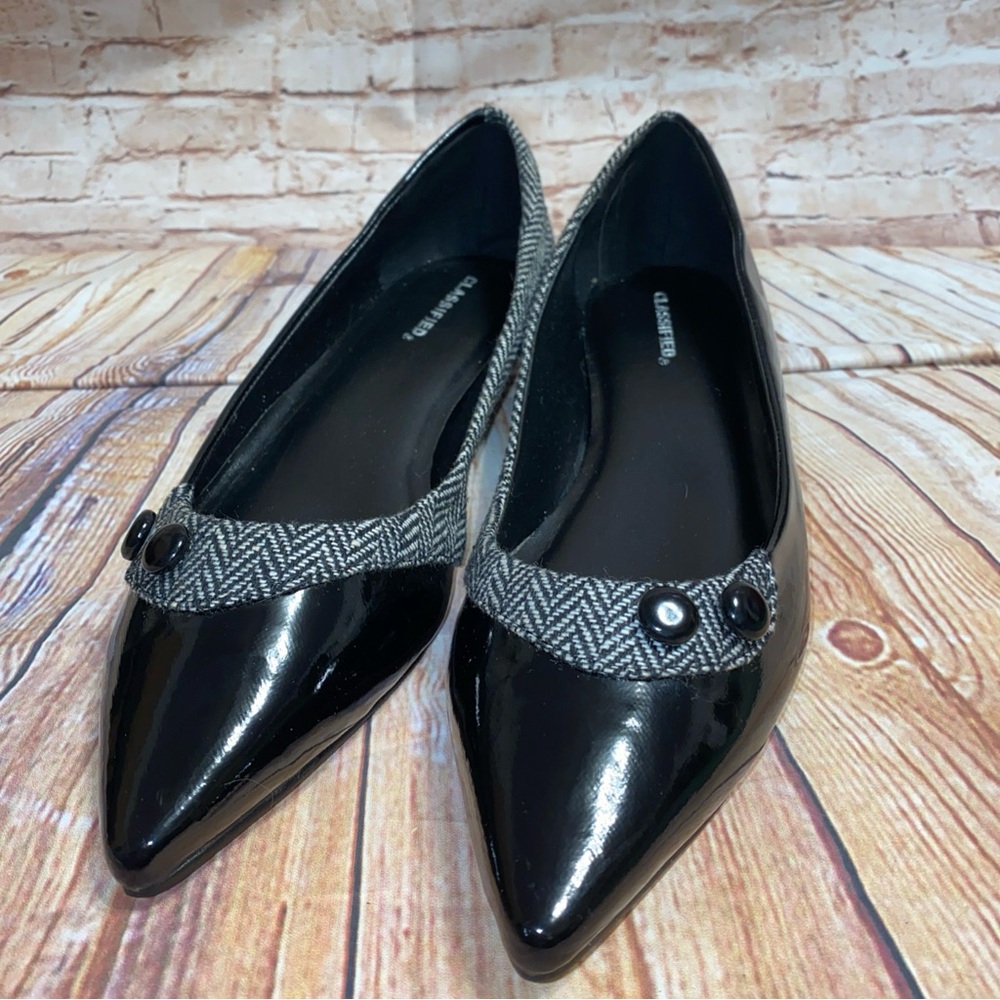 Classified Black Patent Flats with Gray Herringbone Accent